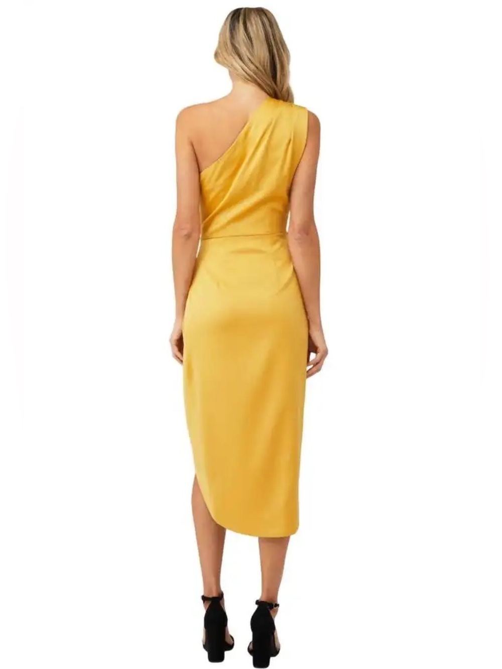 Elliatt Cassini Mustard Yellow One-Shoulder Draped Satin Lined Midi Dress $189 - Picture 5 of 9